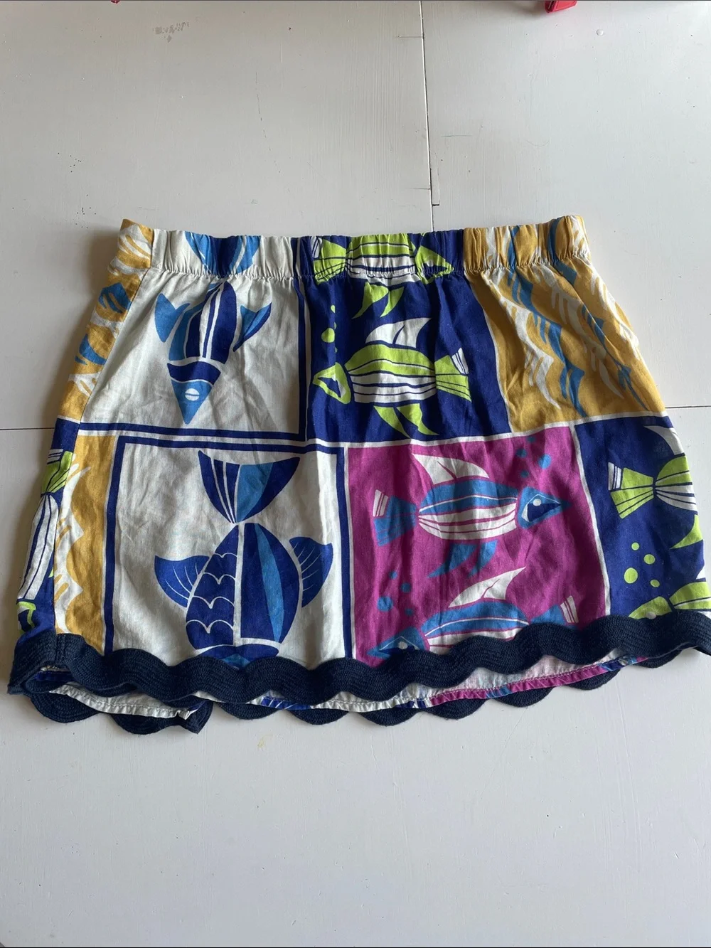 Anthropologie Colorblock Fish Print Skirt with Scalloped Trim - Picture 3 of 5